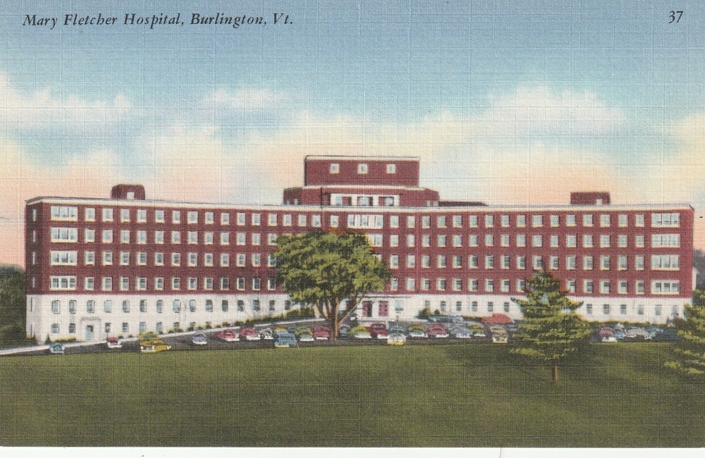 Mary Fletcher Hospital Burlington Vermont Birds Eye View Old Cars Linen Postcard