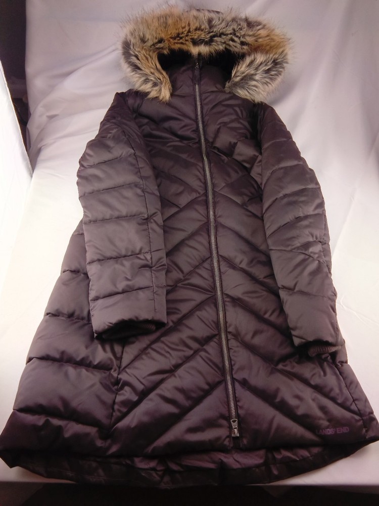 Lands End Women's Brown Faux Fur Hooded Coat Size M/T 10-12