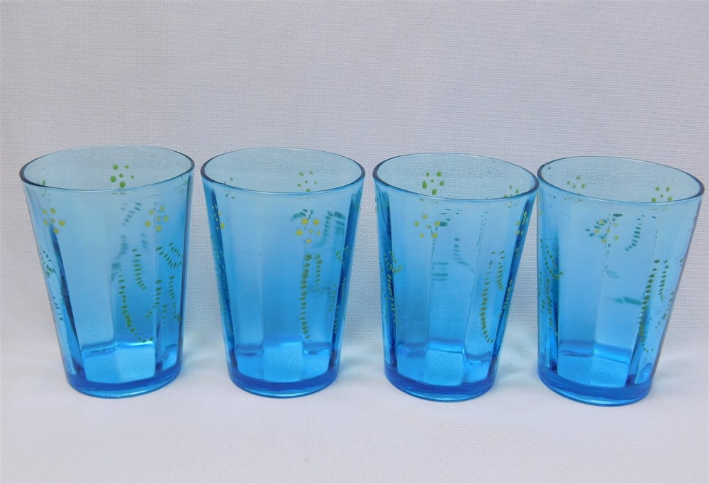 4 Antique Victorian Era Bohemian Hand Painted Enamel Blue Glass Tumblers 4
