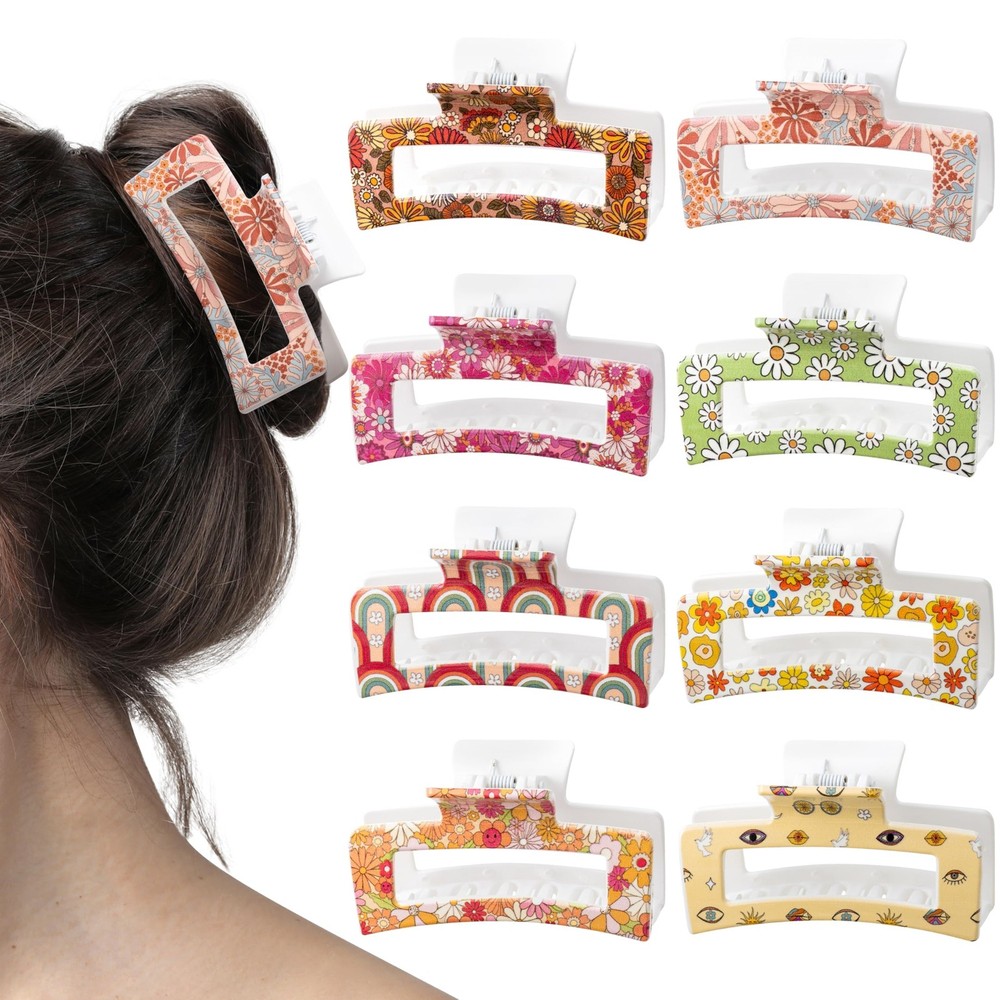 8Pcs Boho Floral Hair Claw Clip for Women Girls - Retro Vintage Flower Rainbo...
