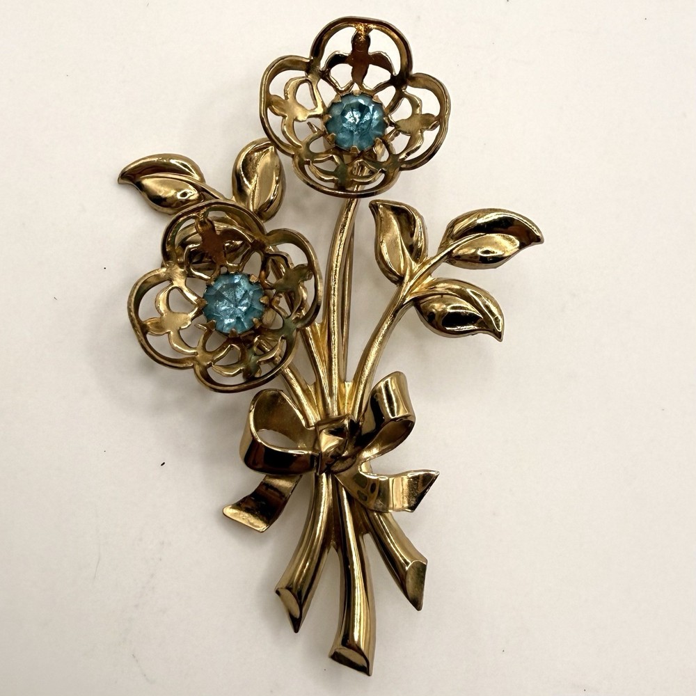 Vintage Floral Bouquet Brooch Gold Tone Blue Rhinestone Flower Bow Pin