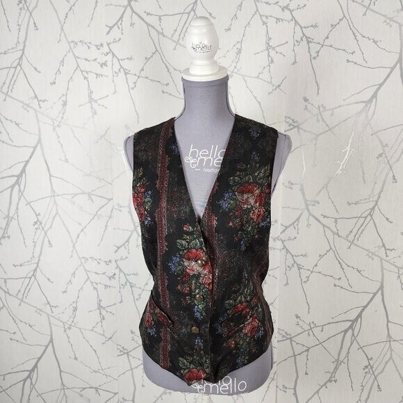 Unbranded Vintage Black Floral Print Button Front Waistcoat Vest | Women's M