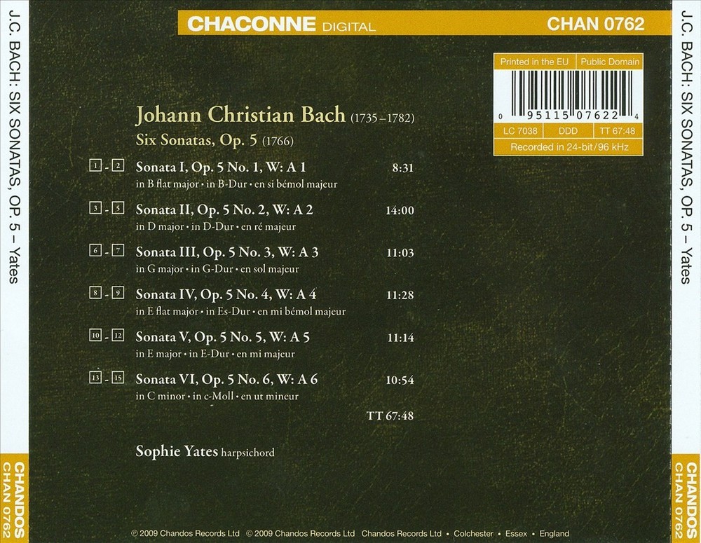 Sophie Yates Johann Christian Bach: Six Sonatas, Op. 5 New Cd