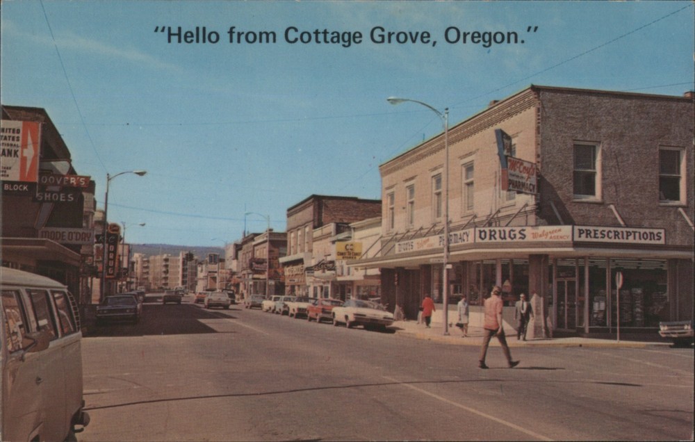 Cottage Grove, Oregon Hello from Grove, Oregon-Downtown Street Scene Vintage