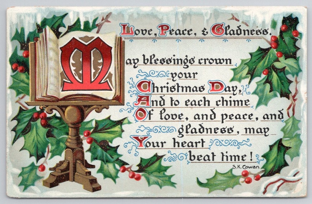 1907 Raphael Tuck Christmas Postcard Embossed Holly Book Emmaus PA Postmark