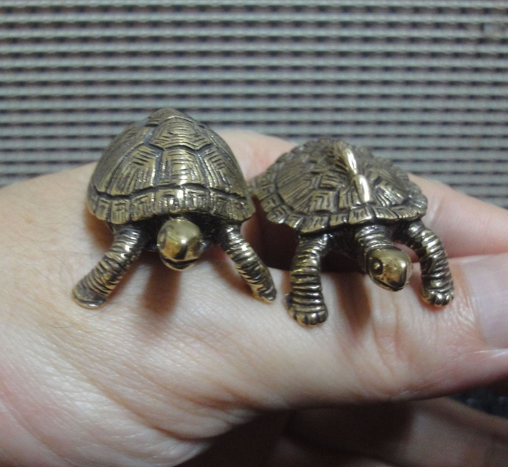 Pair of Solid Brass Longevity and Money Turtles Figurines Vintage Style Statues