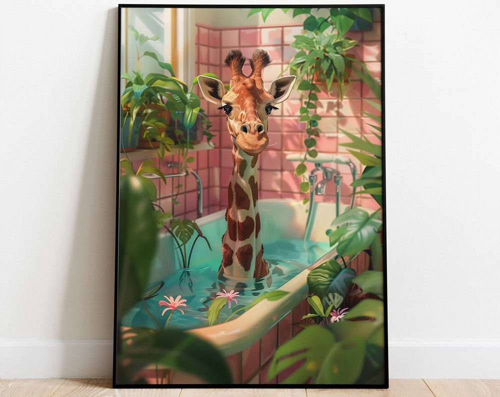 Giraffe In A Tub Bathroom Wall Art Botanical Animal Print Maximalist Animal In