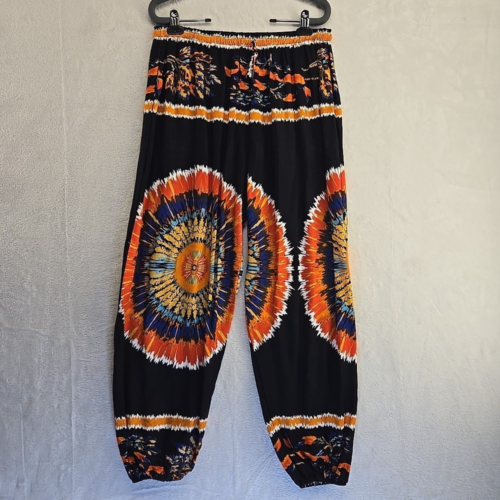 Harem Jogger Pants Women M/L Pocket High Rise Wide Leg Tribal Loud Rayon Tie Dye