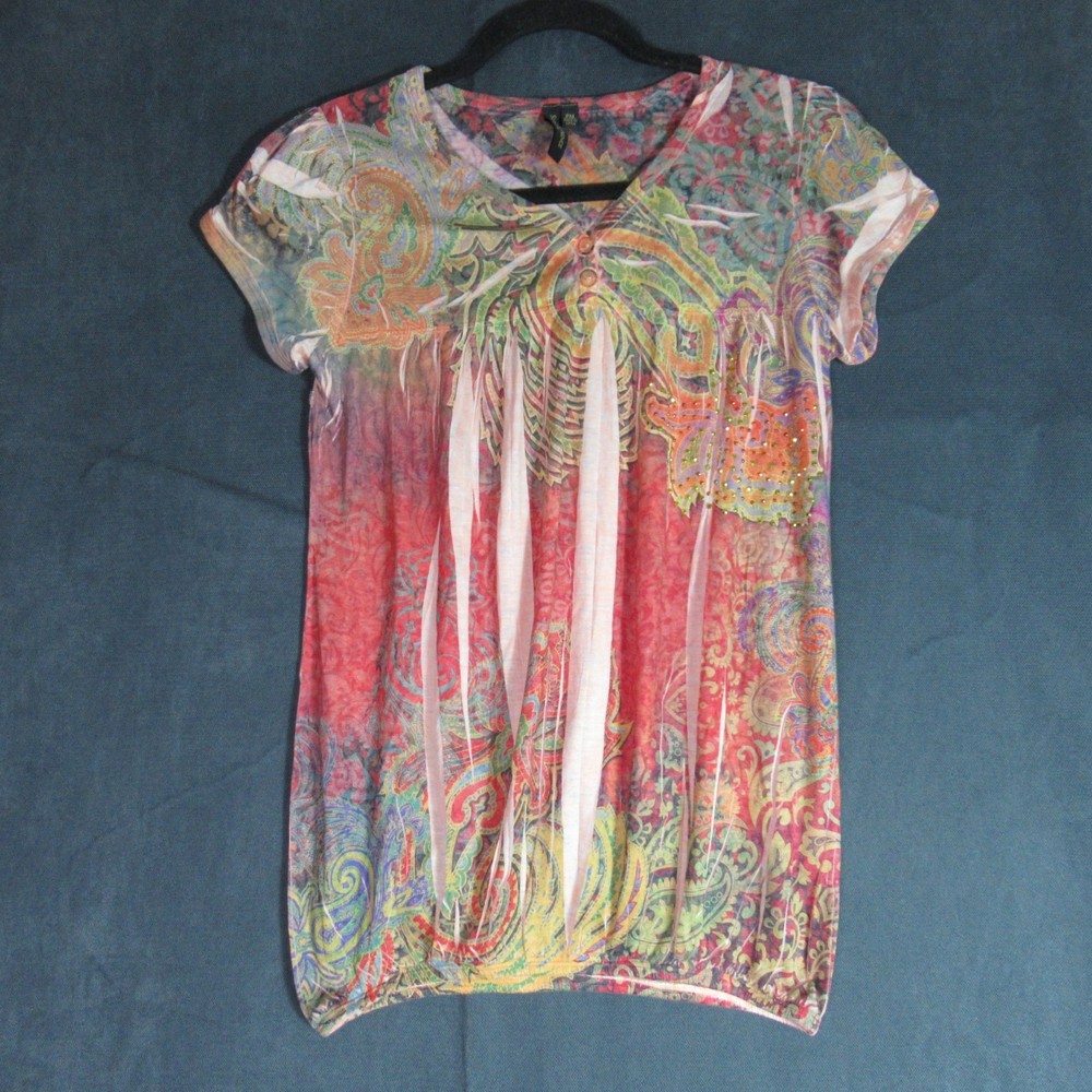 Susan Lawrence Top Womens PM Pleated Rhinestone Short Sleeve Boho Gypsy Hippie