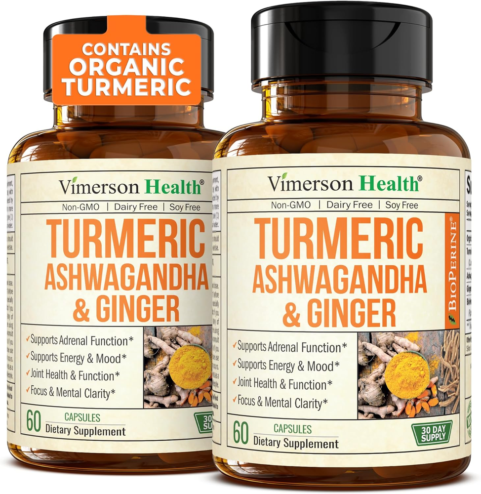 Turmeric Curcumin & Ashwagandha Supplements with Black Pepper. 95% Curcuminoids.