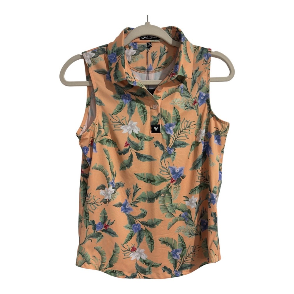 Bad Birdie Womens Sleeveless Golf Polo Shirt Tropical Floral Peach S