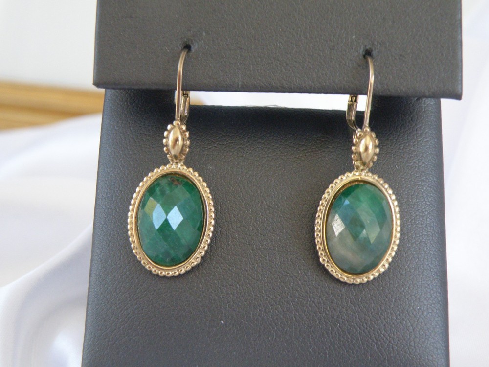 Vintage Sterling Silver 925 Gold on Natural Emerald Dangle Earrings