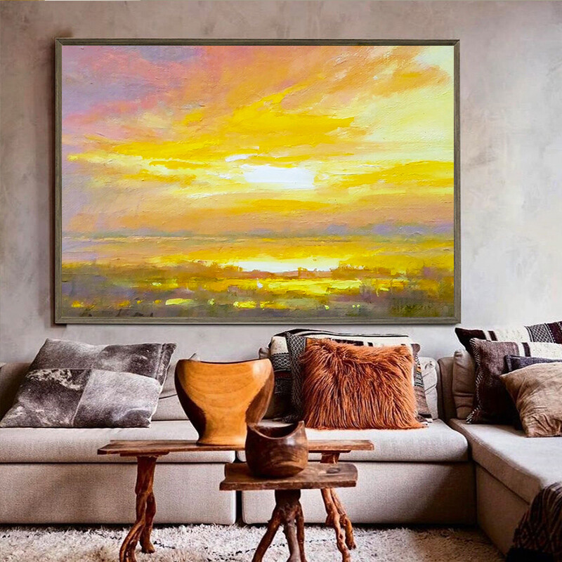 Hand painted Oil Painting Yellow Purple Seaside Sunrise Decorative Painting