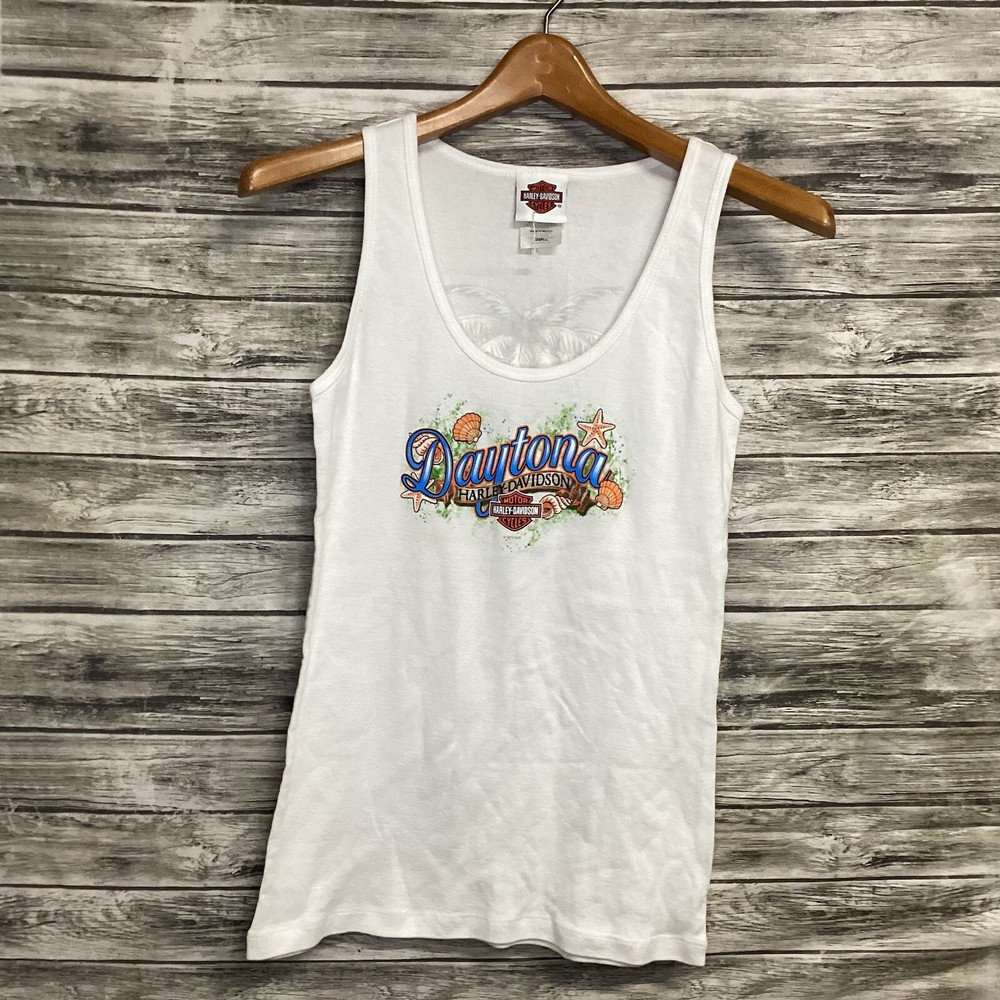Harley-Davidson Tank Top Womens Small White Daytona Beach FL Graphic Motorcycle