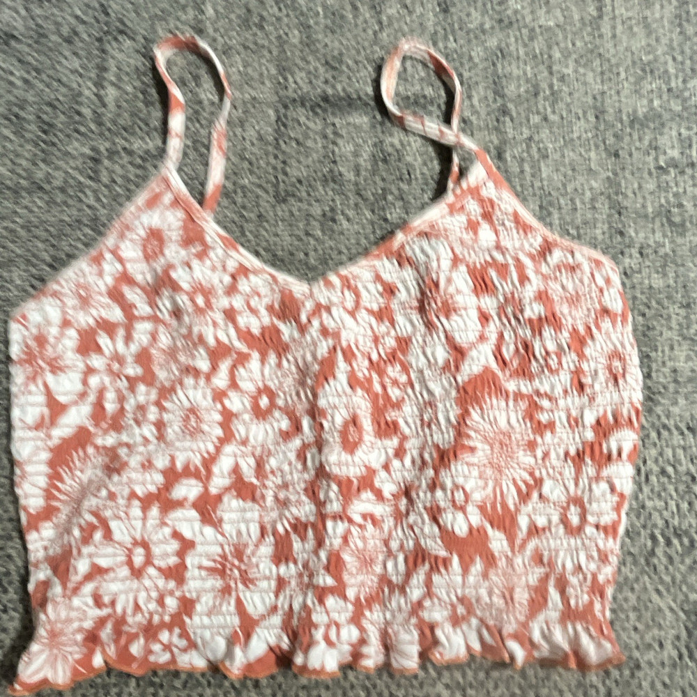 American Eagle Smocked Floral Spaghetti Strap Cropped Tank Top White/Orange M/M