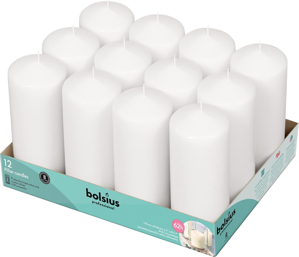 12 White Unscented Pillar Candles 2.7x6.7 Inches 62-Hour Burn Time Drip-Free Set