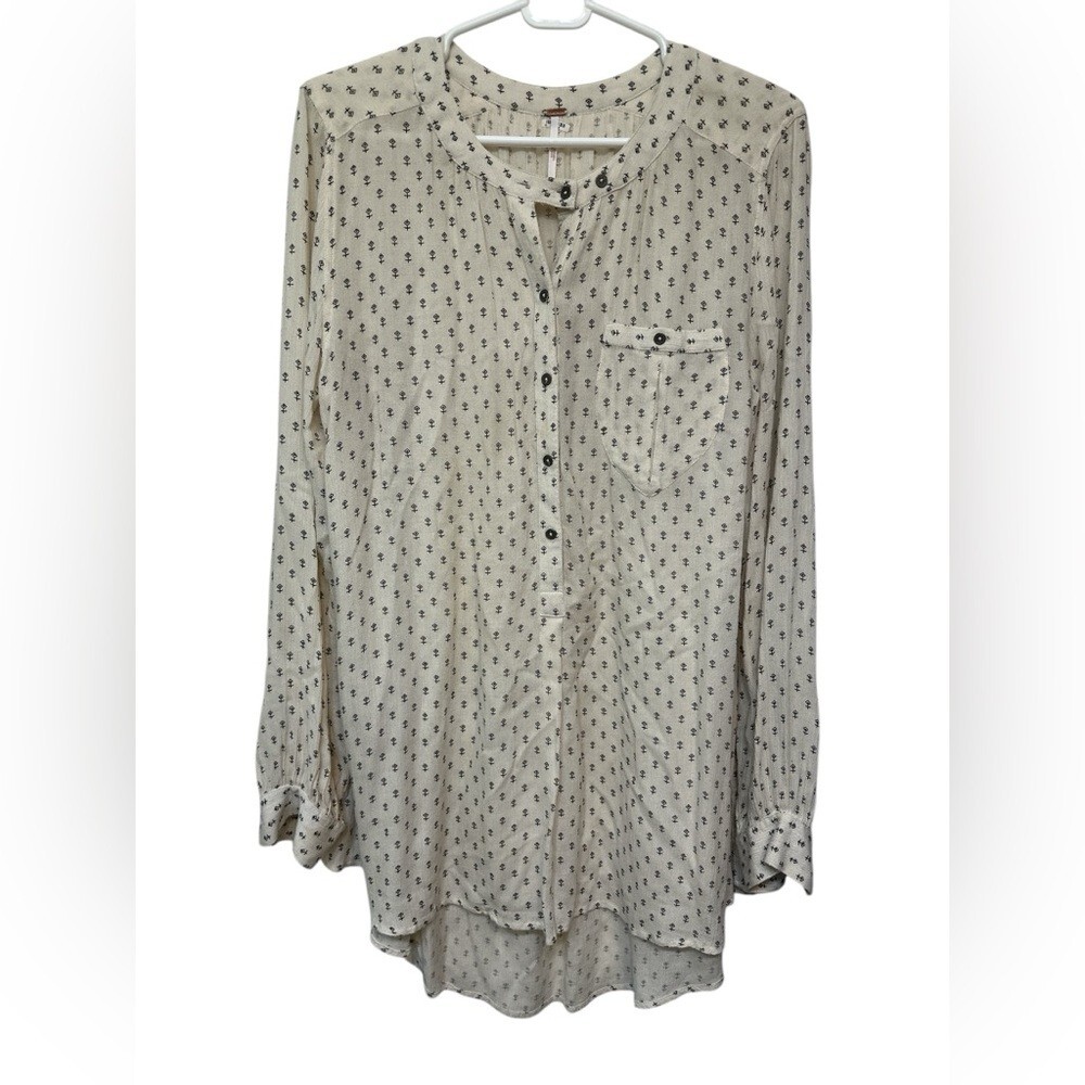 Free People Rune Print Tunic Top Ivory Long Sleeves Button Front AZTEC