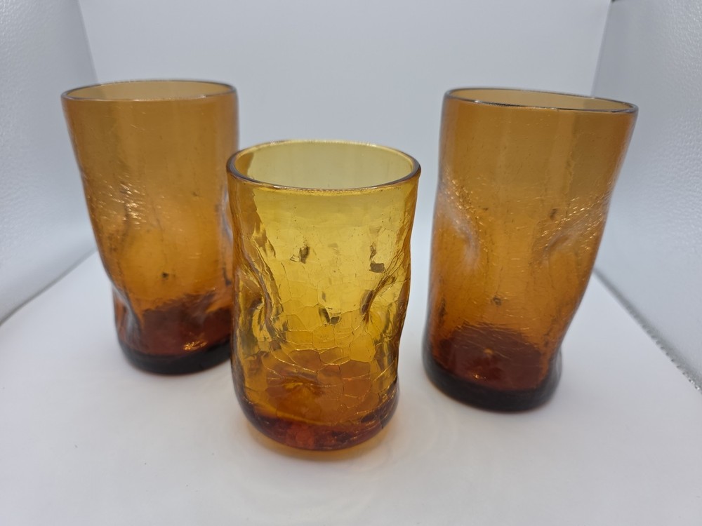 3 Vtg Crackle Dimple Pinched Glass Tumblers Amber Set Of 3 Blenco? Art Glass MCM