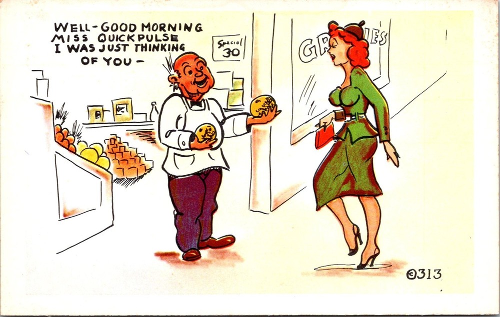 Dr Jim Stamps Postcard Comic Shopkeeper Holding Melons Greets Woman