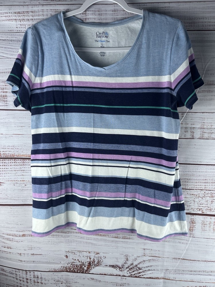 Croft Barrow The Classic Tee Women’s Large 100% Cotton Short Sleeve Stripes
