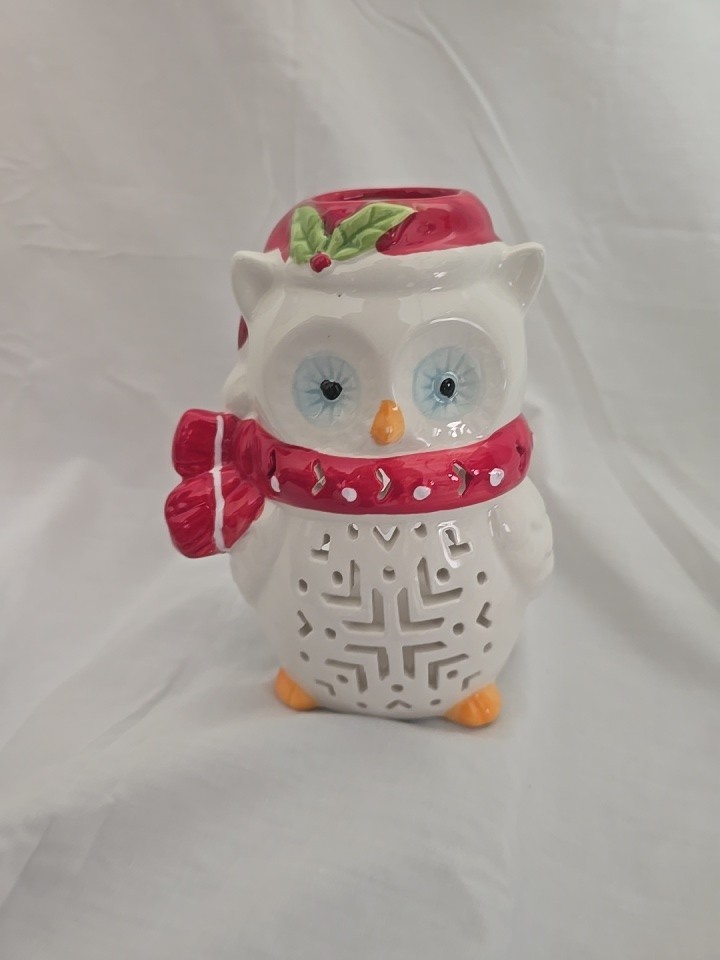White Owl with Red Scarf Ceramic Tealight Candle Holder Ceramic Christmas