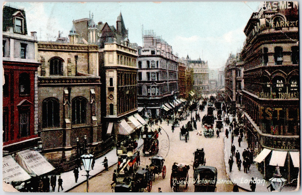 UK England London Queen Victoria Street Horses Carriages Buildings 1910 Postcard