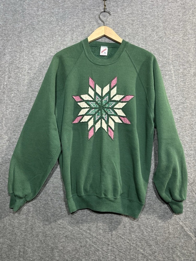 Jerzees Vintage 90’s Cotton Green Granny Core Quilted Star Sweatshirt XL USA