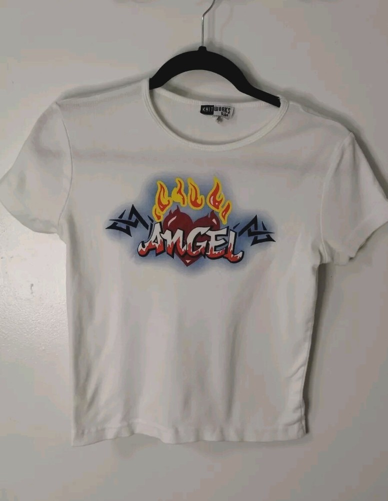Vintage Knitworks Kids Angel Flame Graphic Tee Large Y2K Streetwear Skater 90s