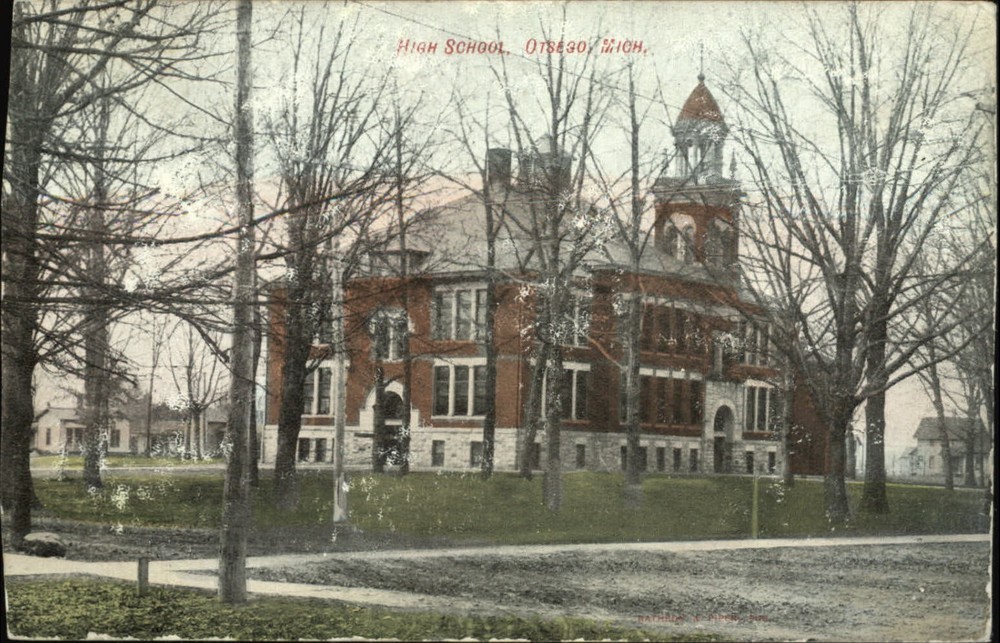 Otsego Michigan High School building mailed 1907 vintage postcard to Ft Wayne IN