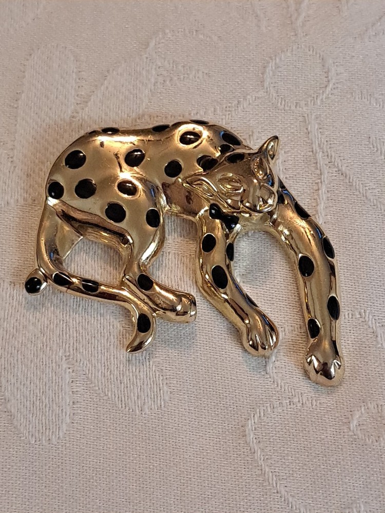 Vintage Gold-Tone Black Enamel Spots Leopard Brooch Pin
