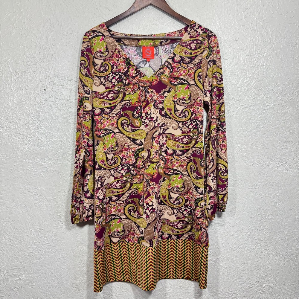 Tracy Negoshian Dress L Shift Balloon Sleeve Paisley Lagenlook Artsy Art to Wear