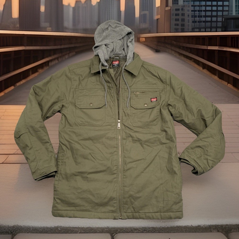 Wrangler Workwear Jacket Mens Medium Green Canvas Rugged Quilt Lined Hooded