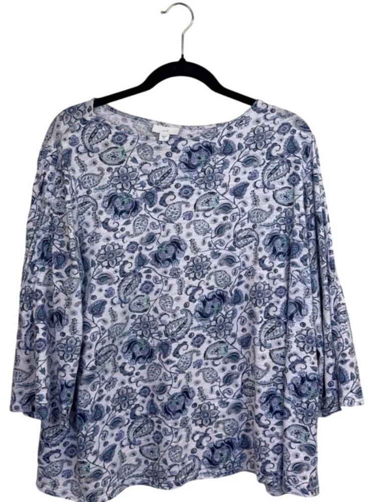 J.Jill Blue Boat Neck Floral Paisley Top 3/4 Bell Sleeve Blouse Women's XL Boho