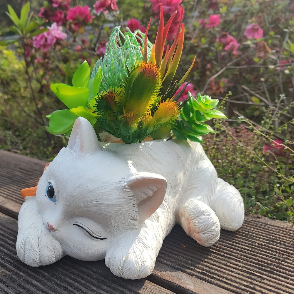 Cat Planter for Succulents Cactus Indoor Plant Pot Drainage Hole Cute Resin Hold