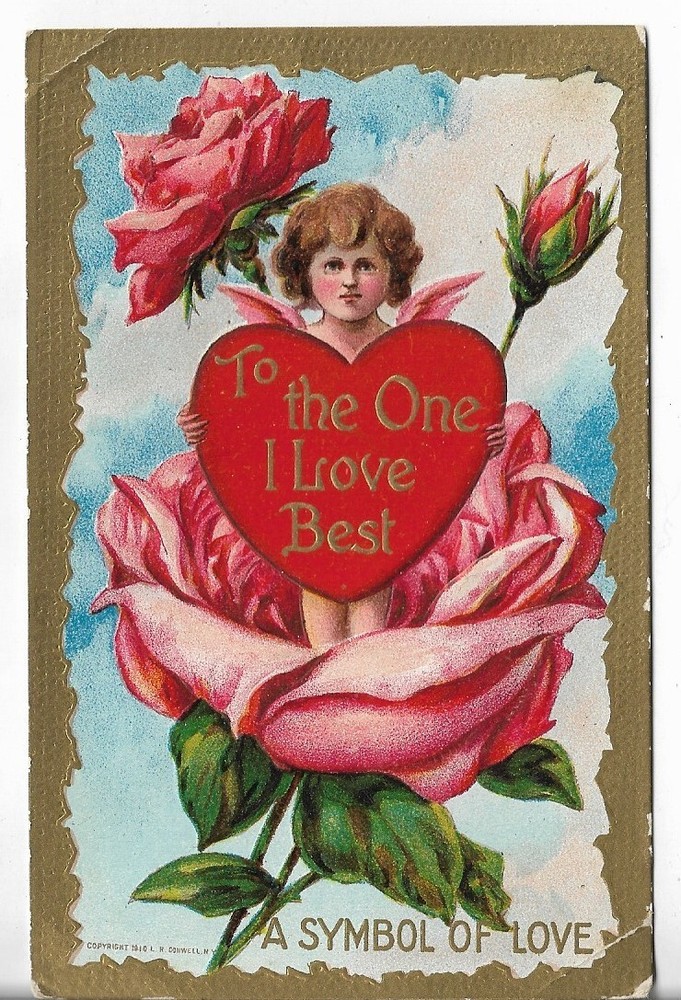 VTG Valentine Postcard -To the One I Love Best Cupid Holding Heart in Pink Roses