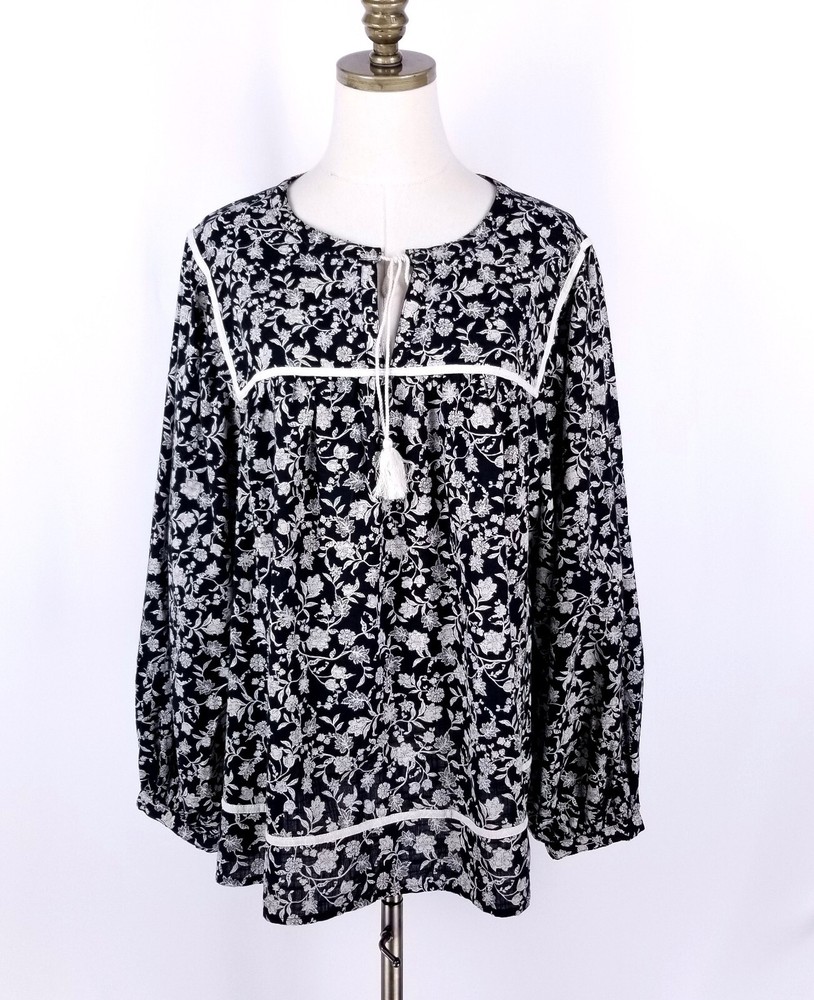 Old Navy Plus Size XXL Floral Tasseled Peasant Top Black White Cottagecore Style