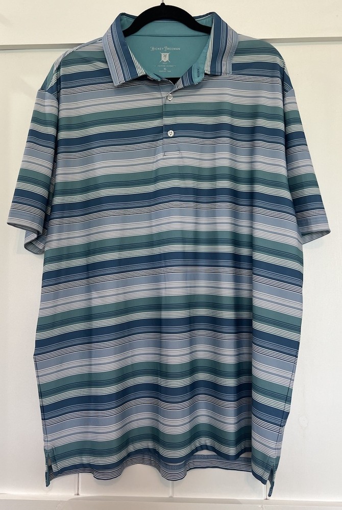 Hickey Freeman Polo Shirt Men's Size XL Blue Green Stripes Short Sleeve