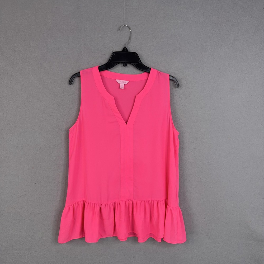 Lilly Pulitzer Blouse Womens Medium Pink Ruffle Hem Sleeveless Peplum Top