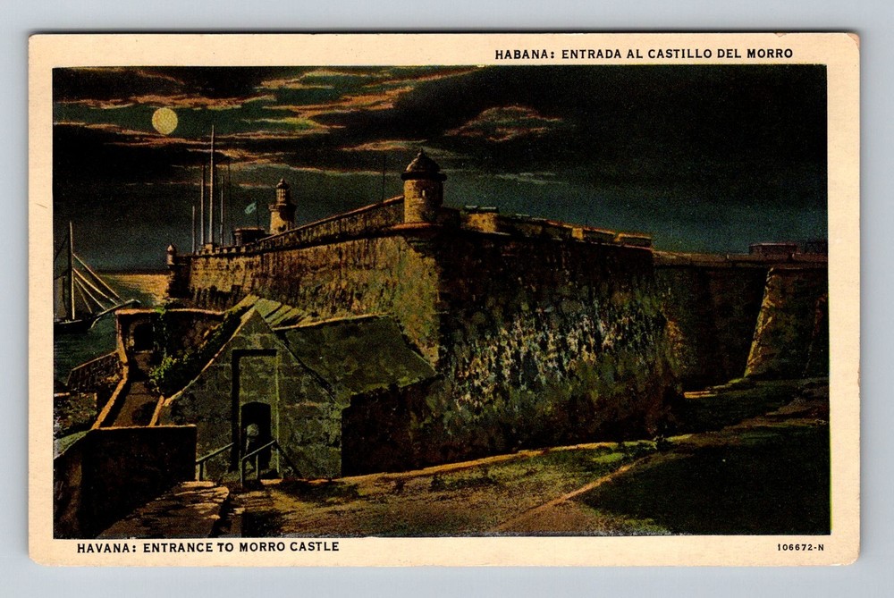 Cuba- Havana Morro Castle Fortress At Night Built 1587 Old PC Vintage Postcard