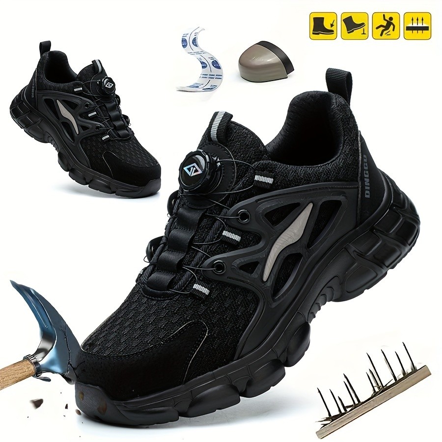 Men Steel Toe Work Shoes with Rotating Buckle Breathable Non-Slip Safety Sneakers