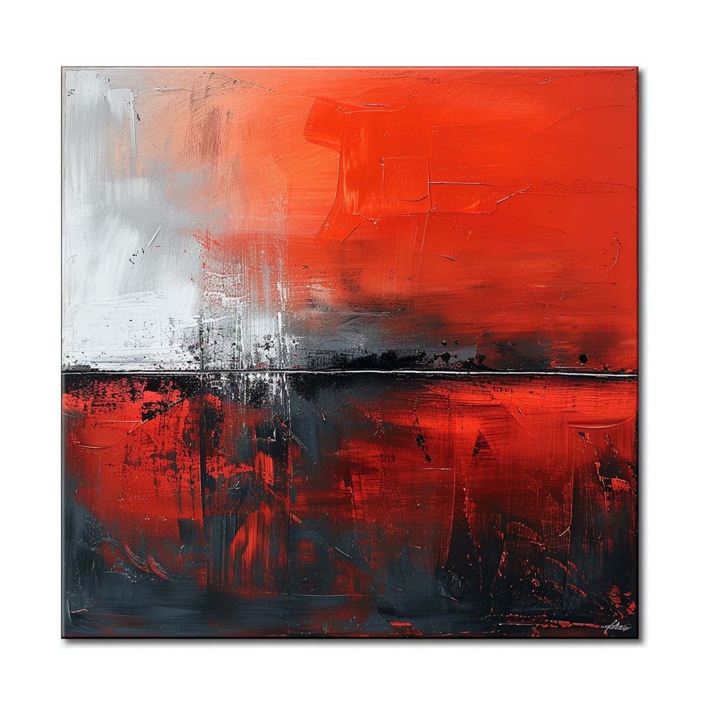 Hand Painted Abstract Black With Red Oil Painting On Canvas Thick Textured