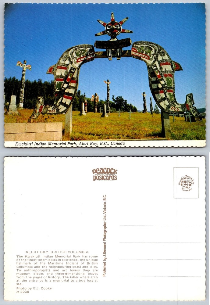 Alert Bay BC Kwakiutl Indian Memorial Park Totem Pole Killer Whale Arch Postcard