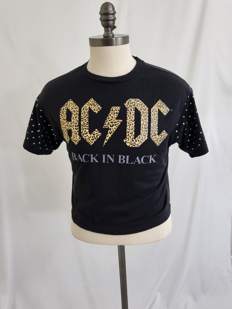 Women's AC/DC Cropped Black T-Shirt with Bedazzled Sleeves Size Large-image