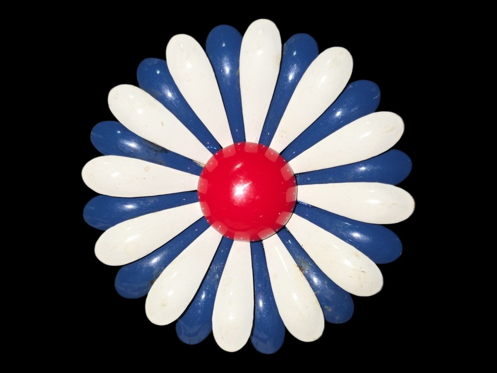 Vintage Enamel Mod Flower Brooch Pin Large Red White Blue