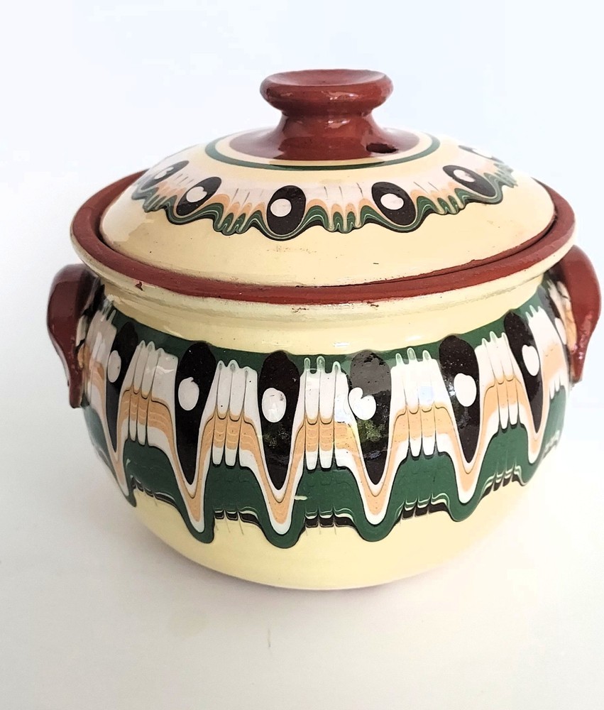 Vintage Bulgarian drip pulled glaze pottery covered casserole bowl redware