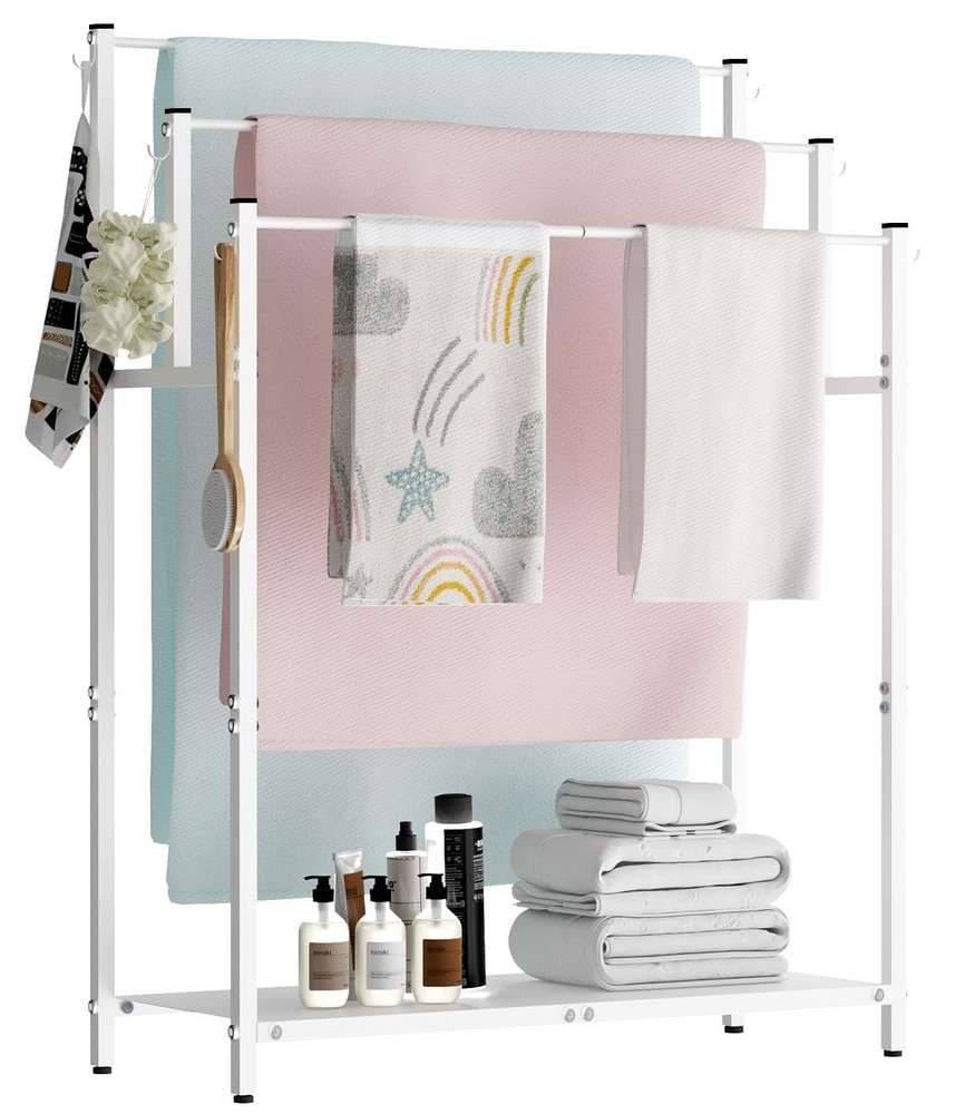 44” Tall Free Standing Towel Racks with 6 Hooks for Bathroom, 3 Tiers Oversiz...