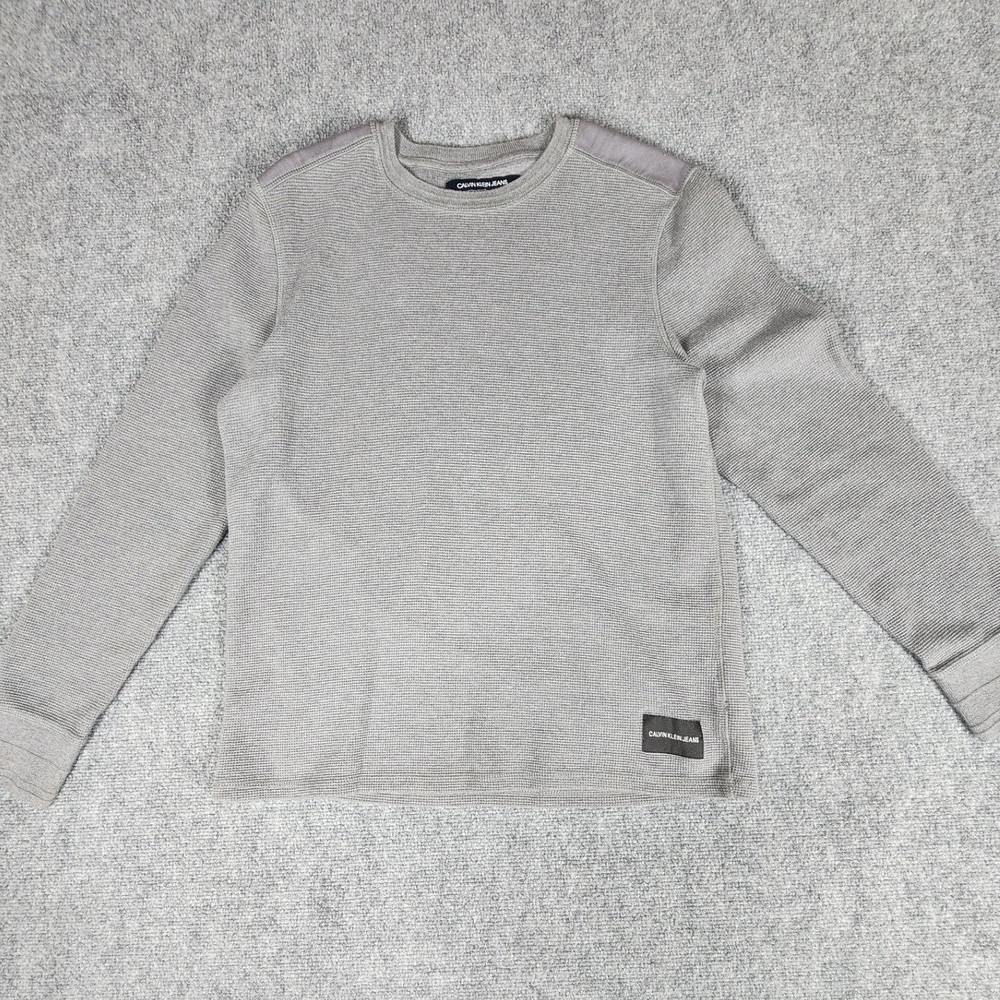 Calvin Klein Jeans Mens Gray Waffle Knit Thermal Long Sleeve Shirt Size M Logo