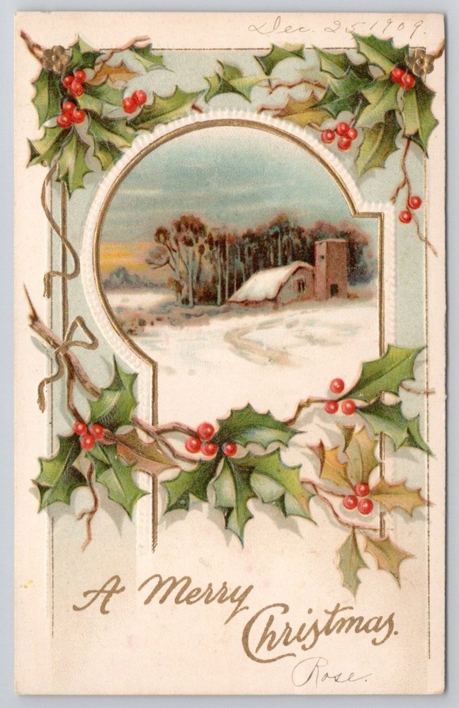 1909 Christmas Postcard Elizabeth NJ Winter Scene Embossed Holly International