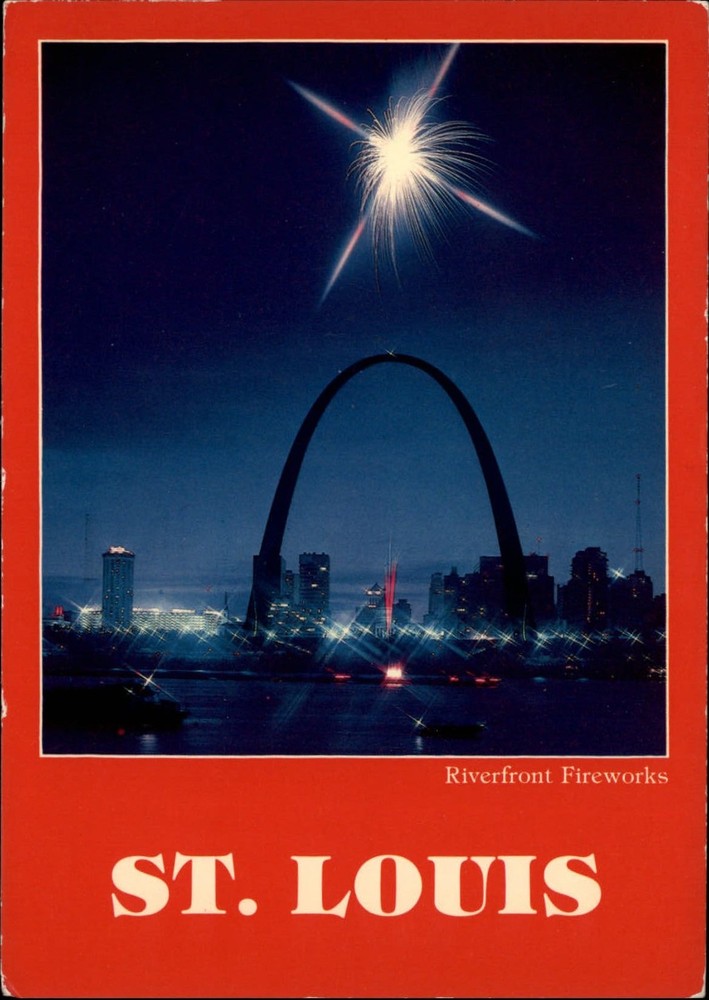 Riverfront Fireworks St Louis Missouri Gateway Arch night view ~ 1970s postcard