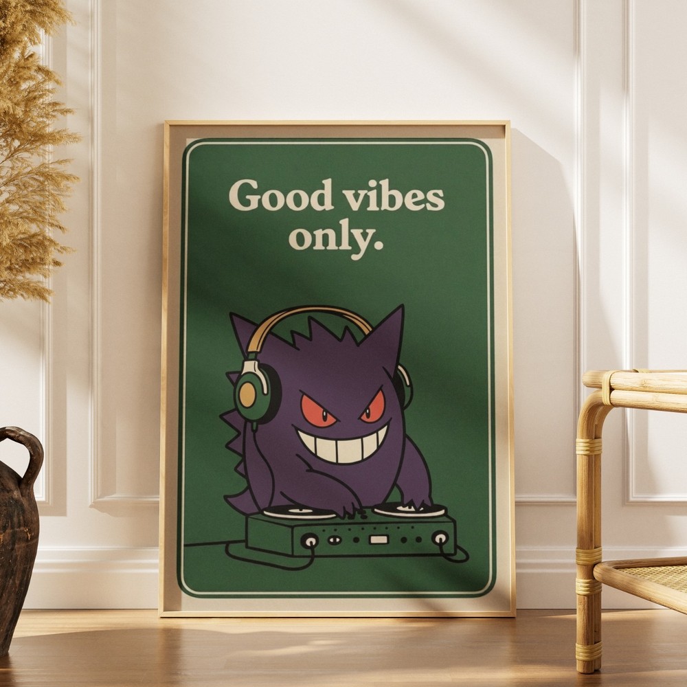 Gengar DJ Pokemon Poster Wall Art Good Vibes Only Retro Canvas Print Gaming Deco